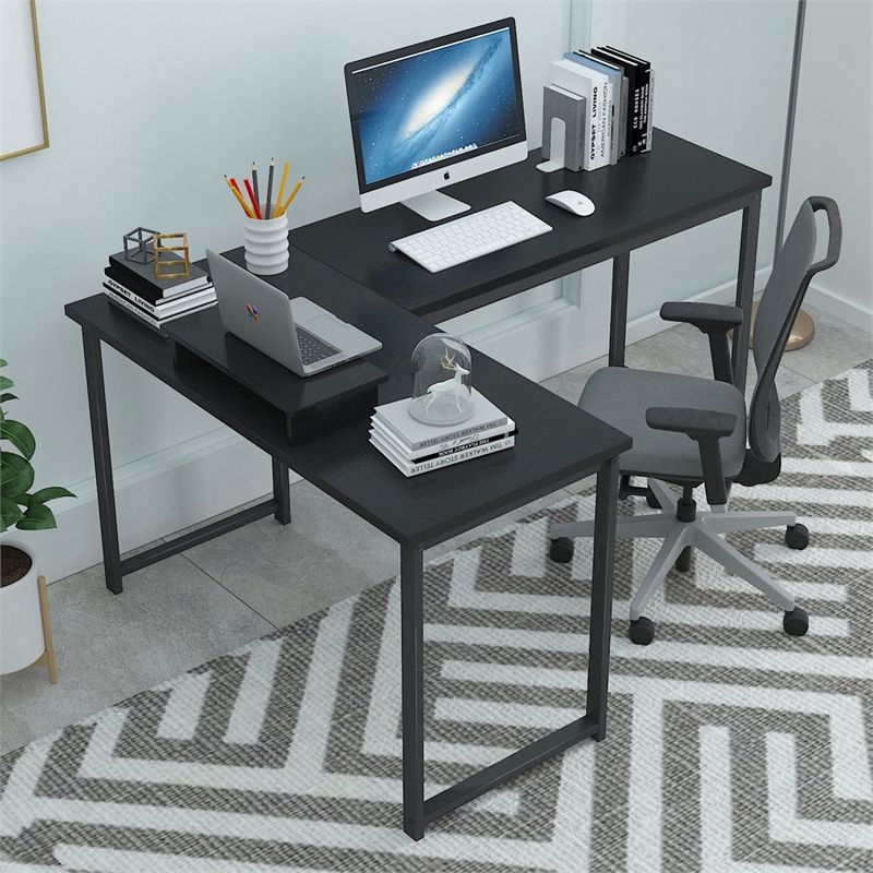 Cro Decor Wood L Shaped Wood Home Office Gaming Desk In Black – Ay20 Intended For Black Glass And Natural Wood Office Desks (View 2 of 15)