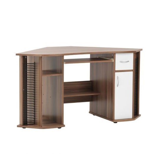Croft Wooden Corner Computer Desk In Walnut And White | Furniture In Intended For White And Walnut 6 Shelf Computer Desks (View 12 of 15)