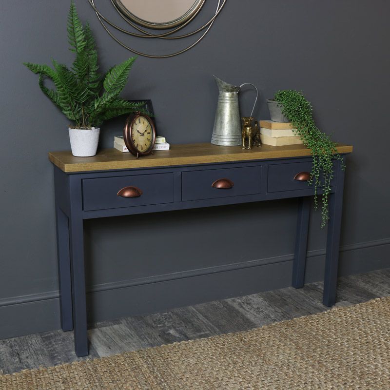 Dark Gray 3 Drawer Console Table – Grayson Range #desk #console #navy # Within Blue And White Wood Campaign Desks (View 12 of 15)