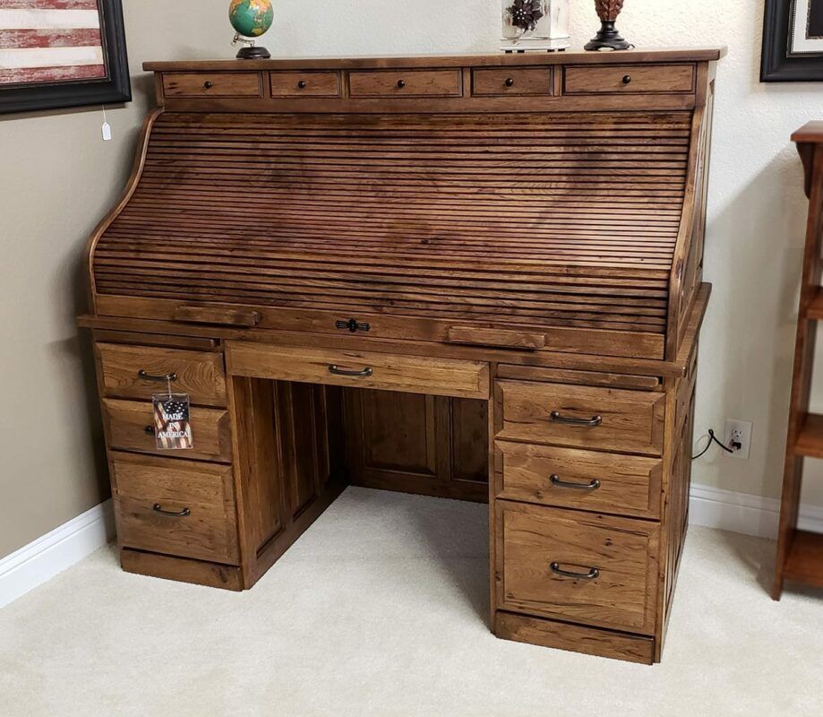 Deluxe Hickory Roll Top Desk | Oak Creek Amish Furniture Throughout Hickory Wood 5 Drawer Pedestal Desks (View 3 of 15)