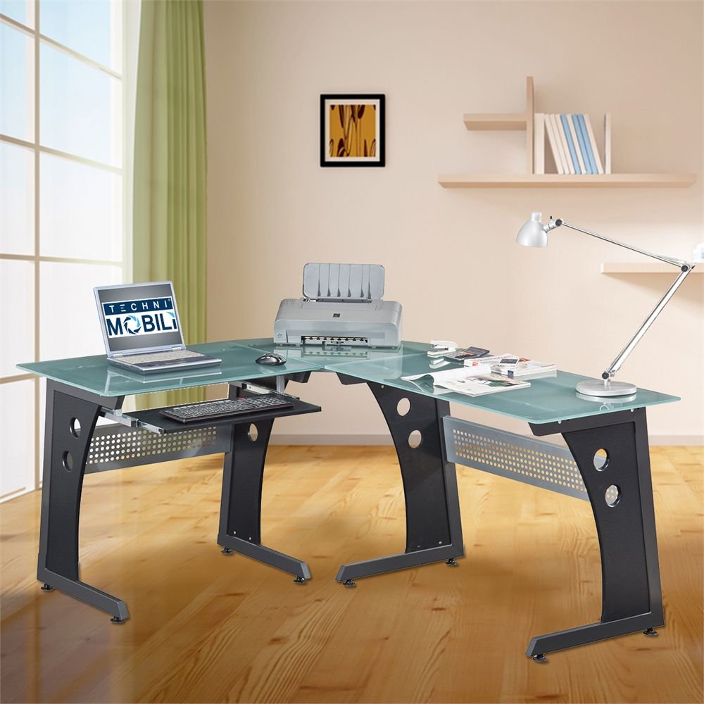 Deluxe L Shaped Tempered Frosted Glass Top Computer Desk With Pull Out Throughout Graphite Convertible Desks With Keyboard Shelf (View 12 of 15)