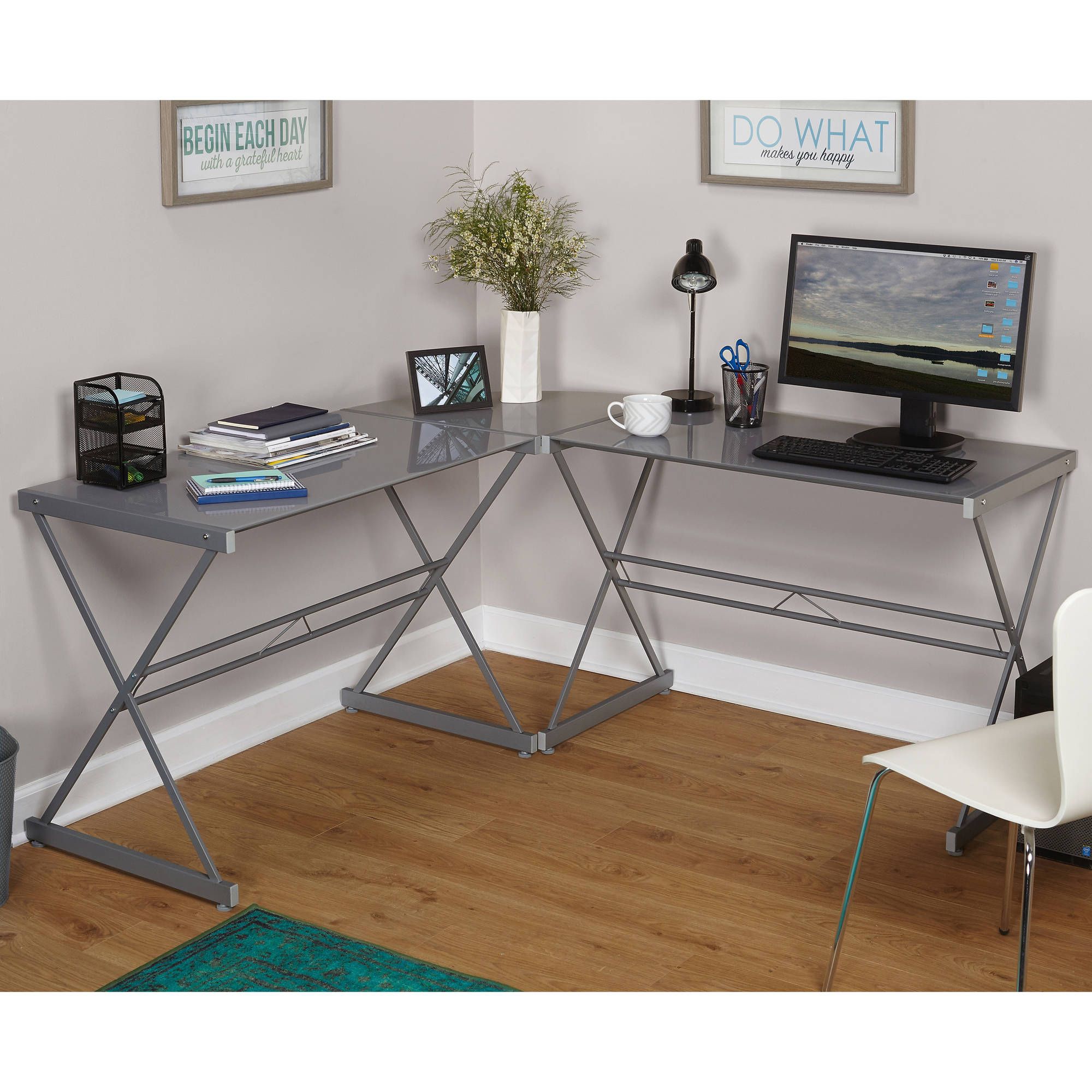 Deluxe Metal And Glass L Shaped Computer Desk, Multiple Colors Throughout Tempered Glass And Gold Metal Office Desks (View 2 of 15)