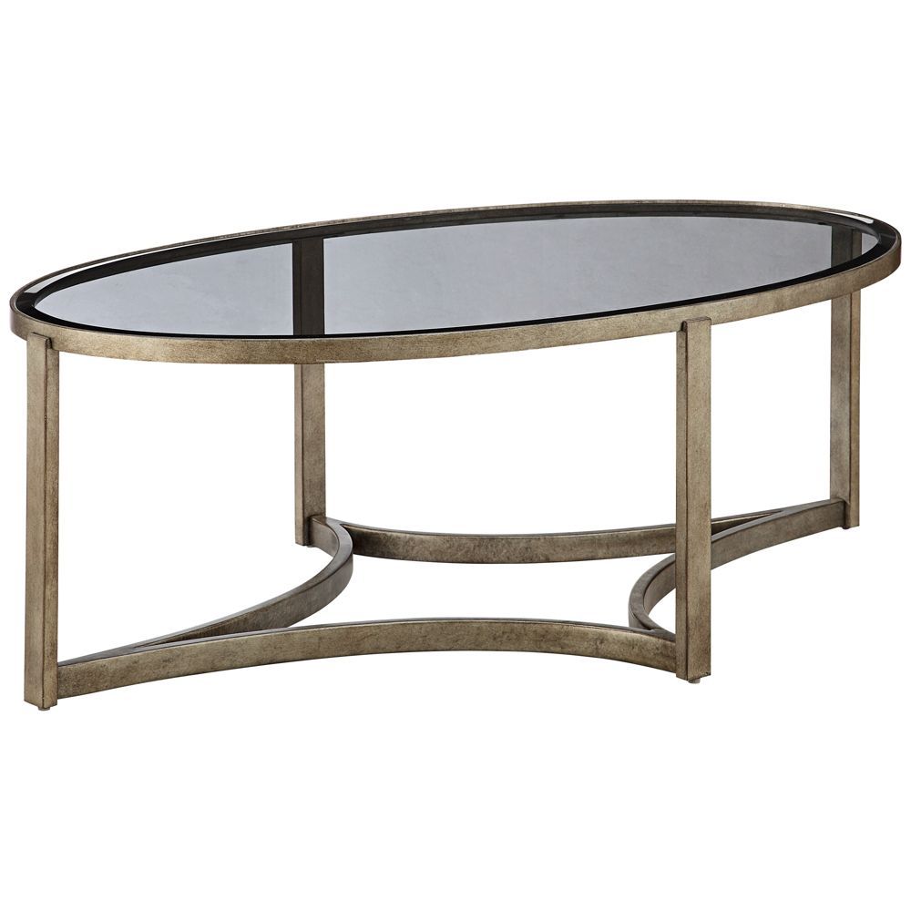 Demilune Smoked Glass Top Antique Pewter Oval Cocktail Table – Style Inside Glass And Pewter Rectangular Desks (View 6 of 15)