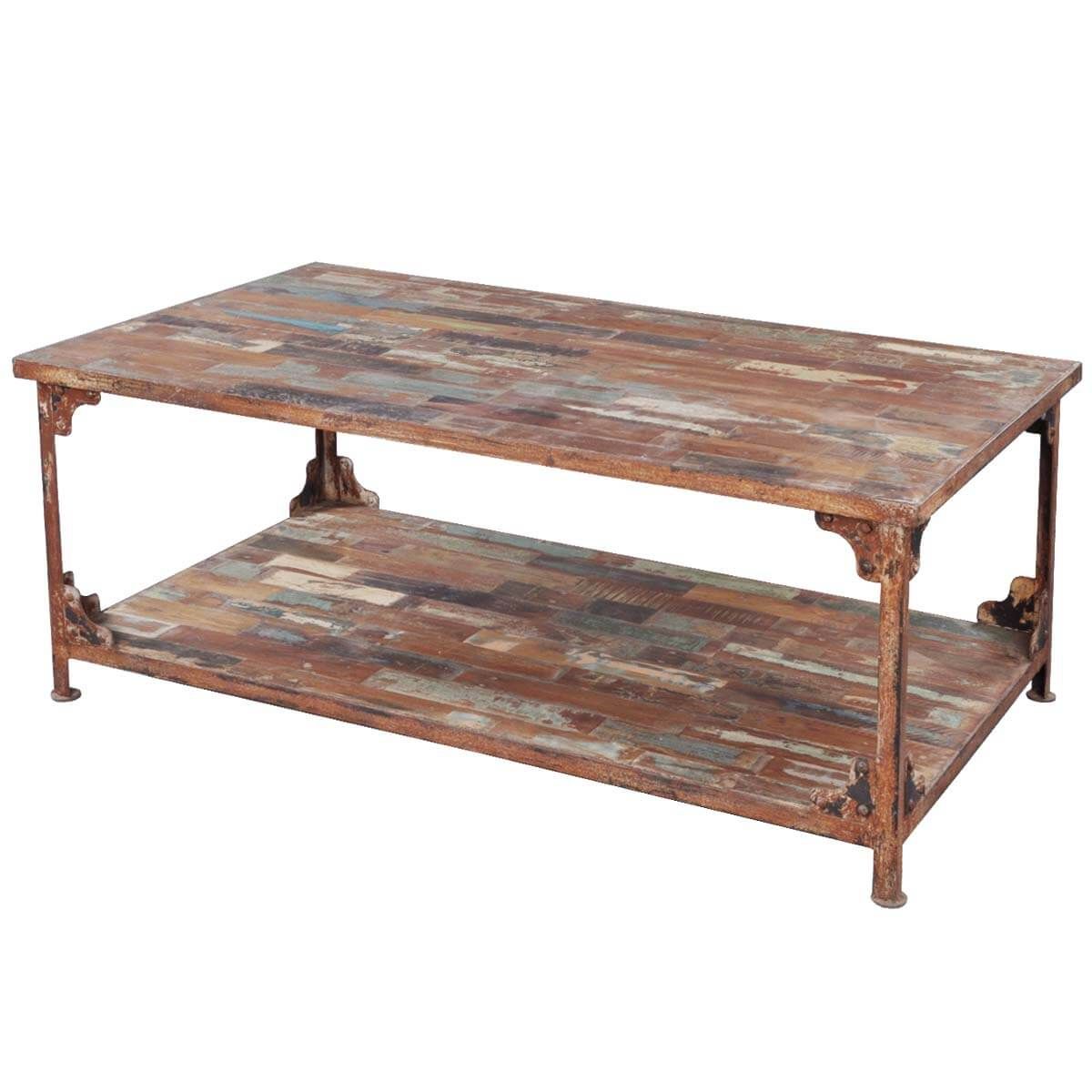 Distressed Reclaimed Wood Wrought Iron Industrial Rustic Coffee Table Regarding Distressed Iron 4 Shelf Desks (View 6 of 15)