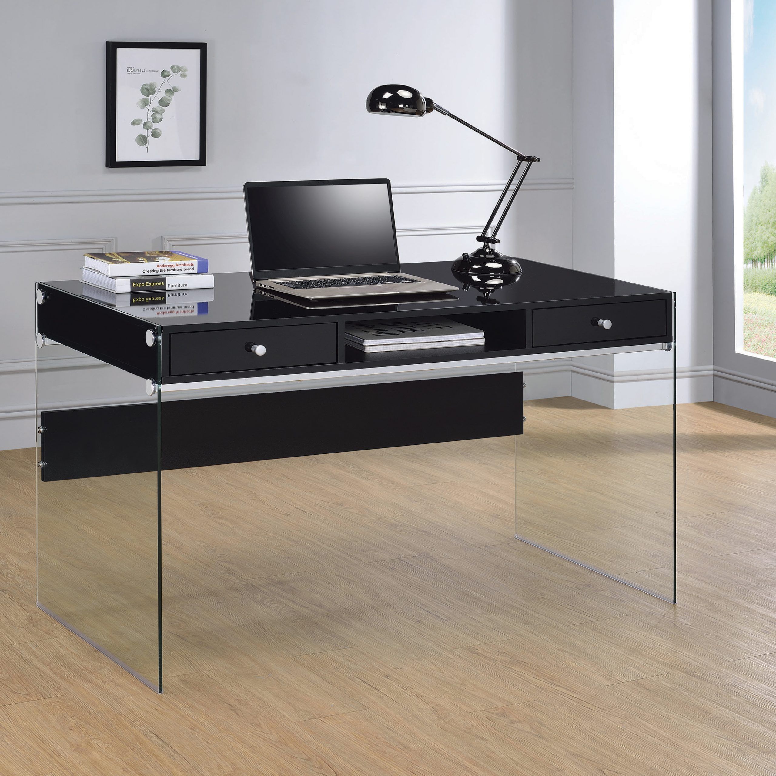 Dobrev 2 Drawer Writing Desk Glossy Black And Clear – Coaste With Black And Gray Oval Writing Desks (View 7 of 15)