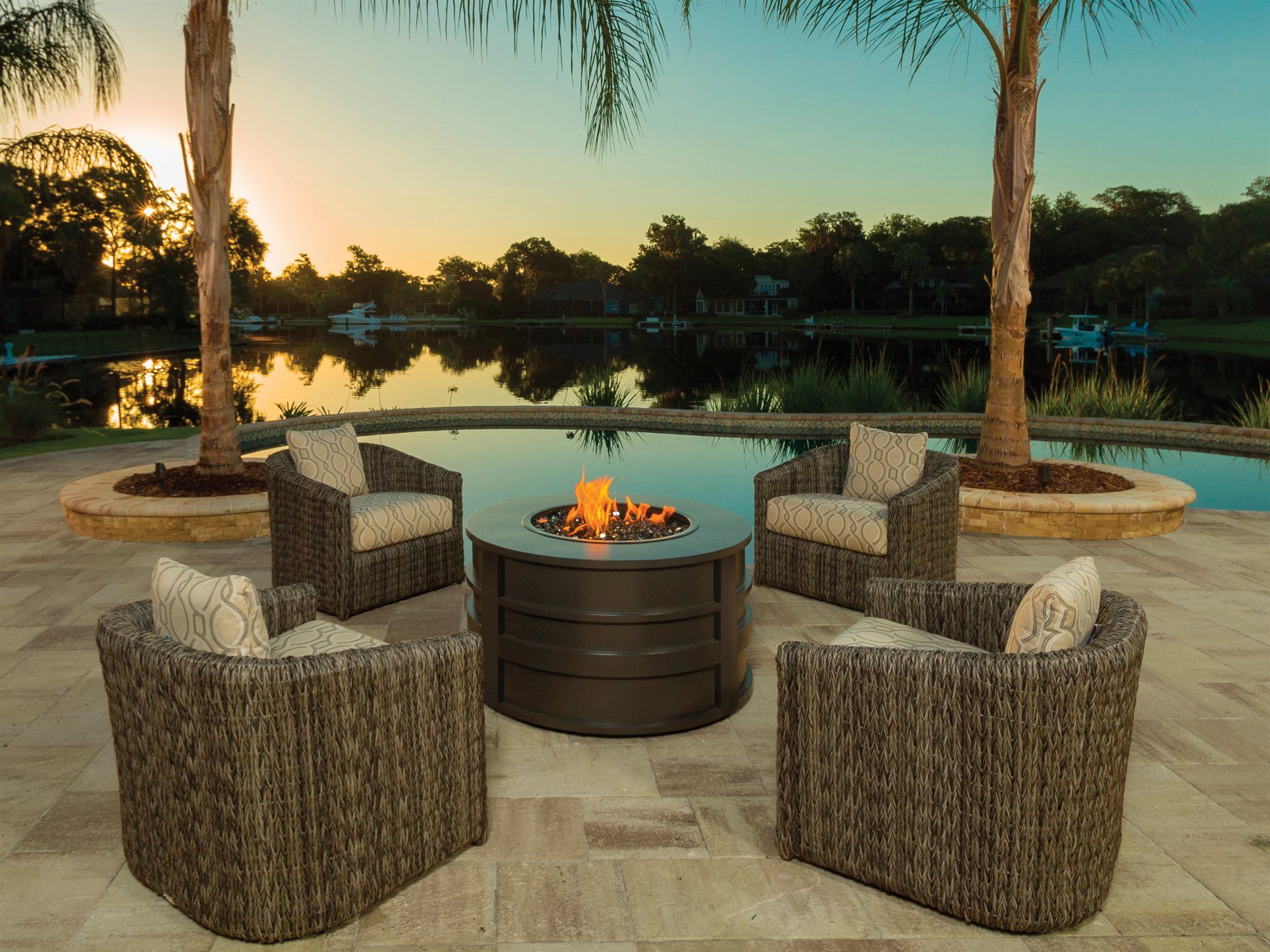 Ebel Palermo Aluminum 42'' Wide Round Fire Pit Table | Ebl813 With Wide Palermo Tobacco L Shaped Desks (View 6 of 15)
