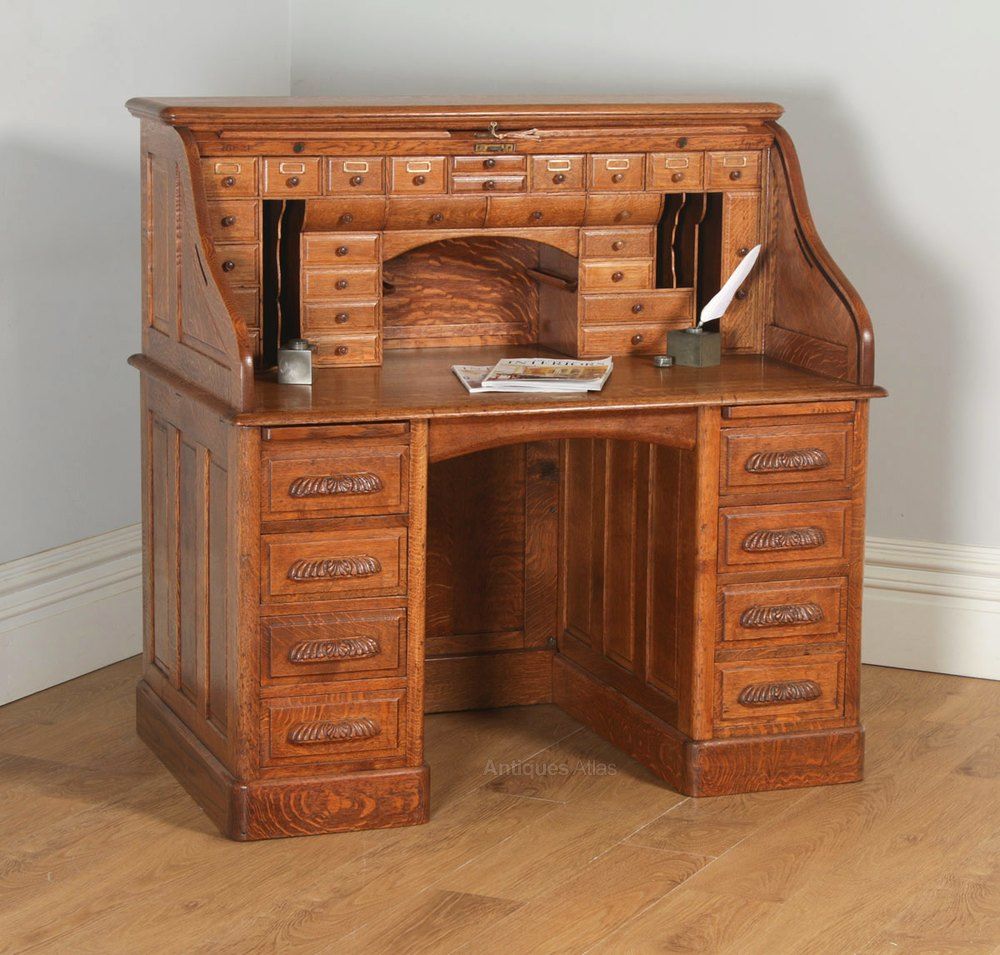 Edwardian 4ft 2" Oak Roll Top Office Writing Desk – Antiques Atlas Pertaining To Oak Computer Writing Desks (View 3 of 15)