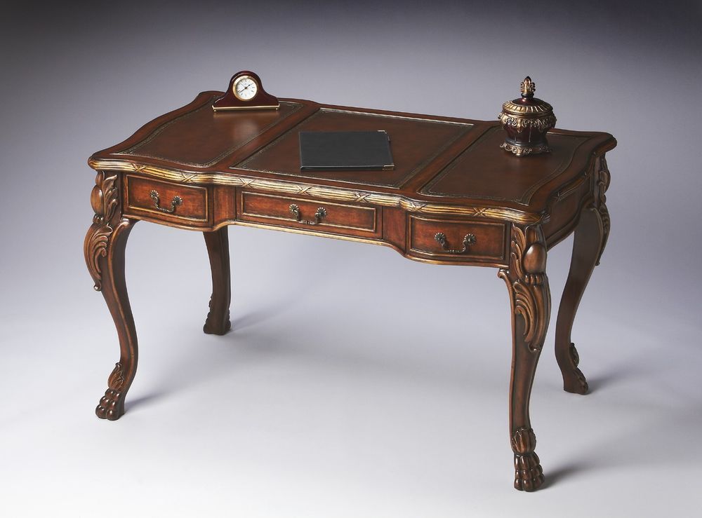 Elegant Writing Desk Hand Carved Details Rich Brown Finish Gold Details Inside Hand Rubbed Wood Office Writing Desks (View 6 of 15)