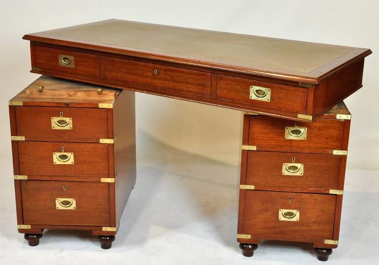 English Campaign Pedestal Kneehole Desk With Leather Top At 1stdibs Regarding Blue And White Wood Campaign Desks (View 15 of 15)