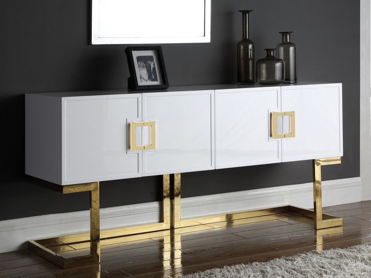 Evie Modern White Lacquer Sideboard With Gold Stainless Steel Trim And Base In White Lacquer Stainless Steel Modern Desks (View 14 of 15)