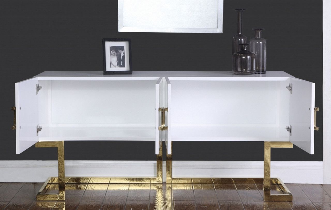 Evie Modern White Lacquer Sideboard With Gold Stainless Steel Trim And Base Regarding White Lacquer Stainless Steel Modern Desks (View 3 of 15)