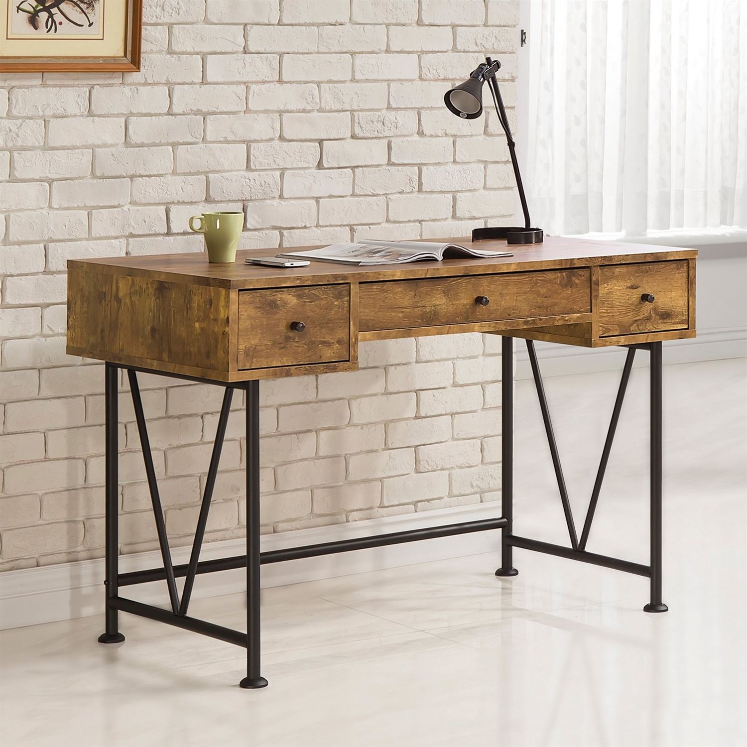 Farmhouse Rustic Home Office 3 Drawer Writing Desk Throughout Rustic Acacia Wooden Writing Desks (View 14 of 15)