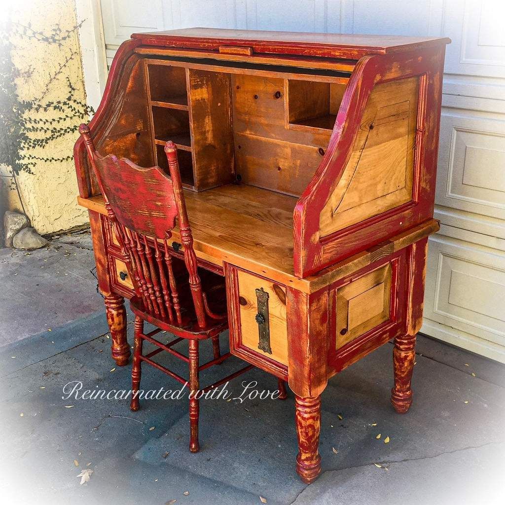 Farmhouse Style Roll Top Desk ~ Reclaimed Wood Desk In Distressed Red With Regard To Distressed Pine Lift Top Desks (View 11 of 15)