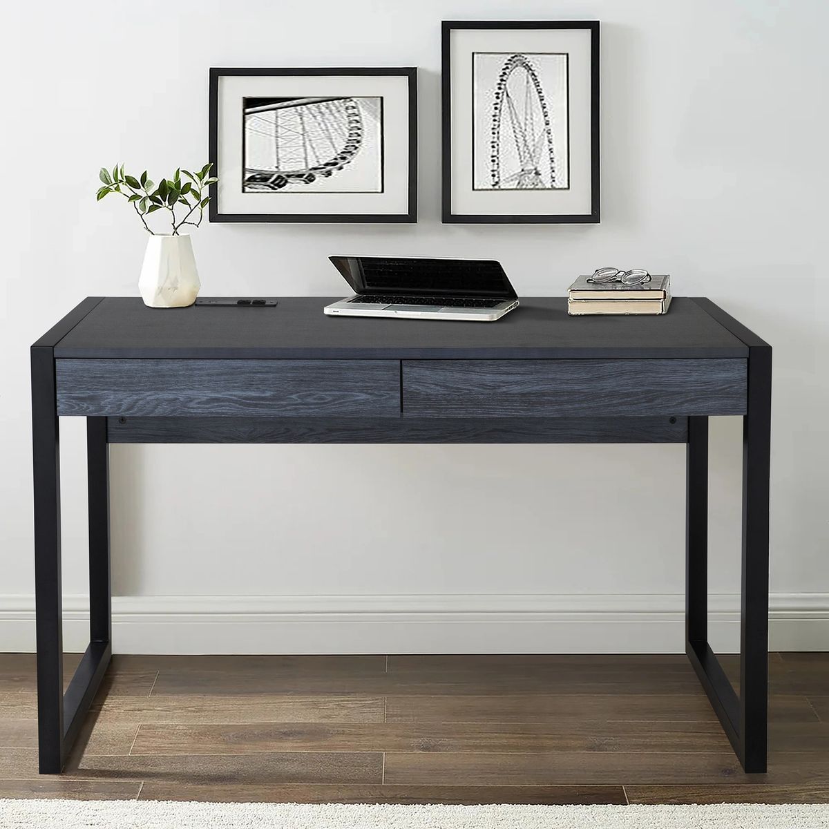 Fc Design Two Tone Contemporary Writing Desk With Power Outlets And Usb With Black And Gray Oval Writing Desks (View 3 of 15)