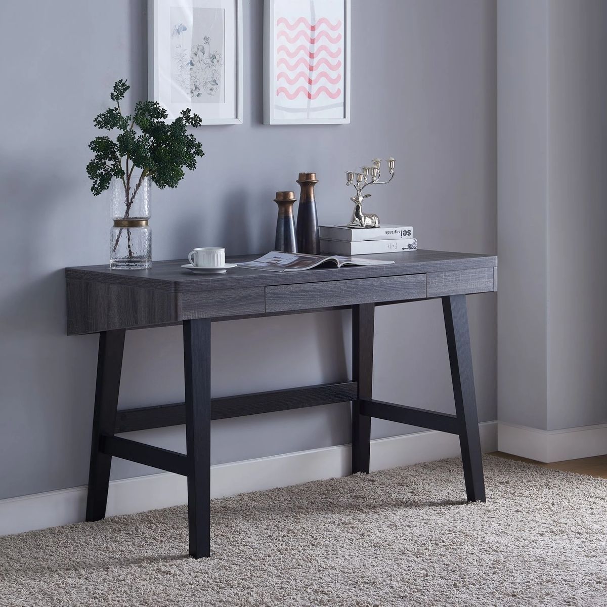 Fc Design Two Tone Writing Desk With One Center Drawer And Two Usb With Black And Gray Oval Writing Desks (View 11 of 15)