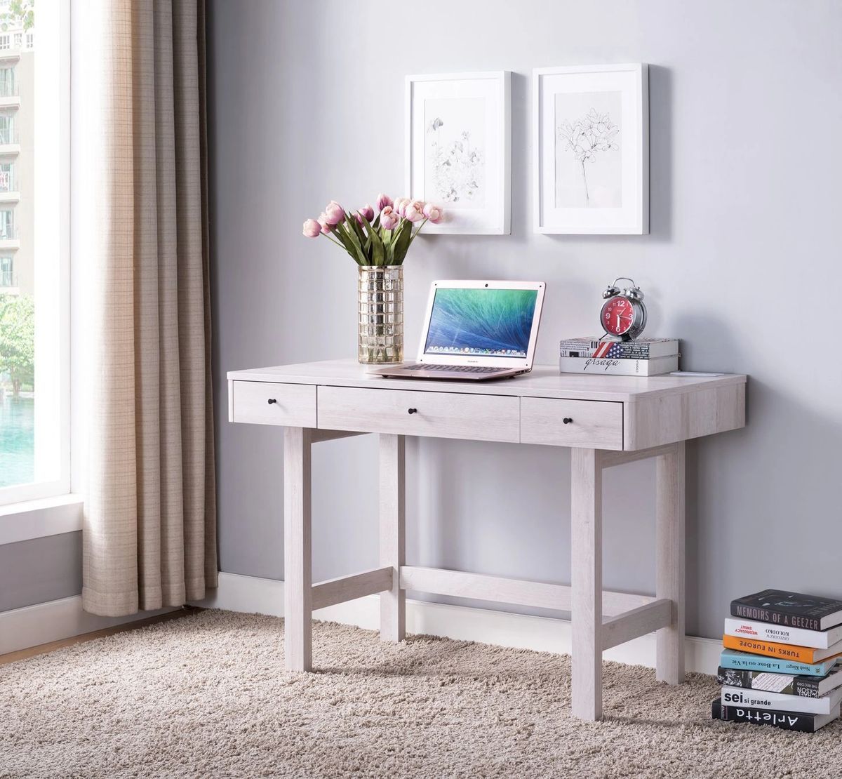 Fc Design Writing Desk With 3 Drawers, 1 Power Outlet, And 2 Usb Ports In White Oak Wood Writing Desks (View 5 of 15)