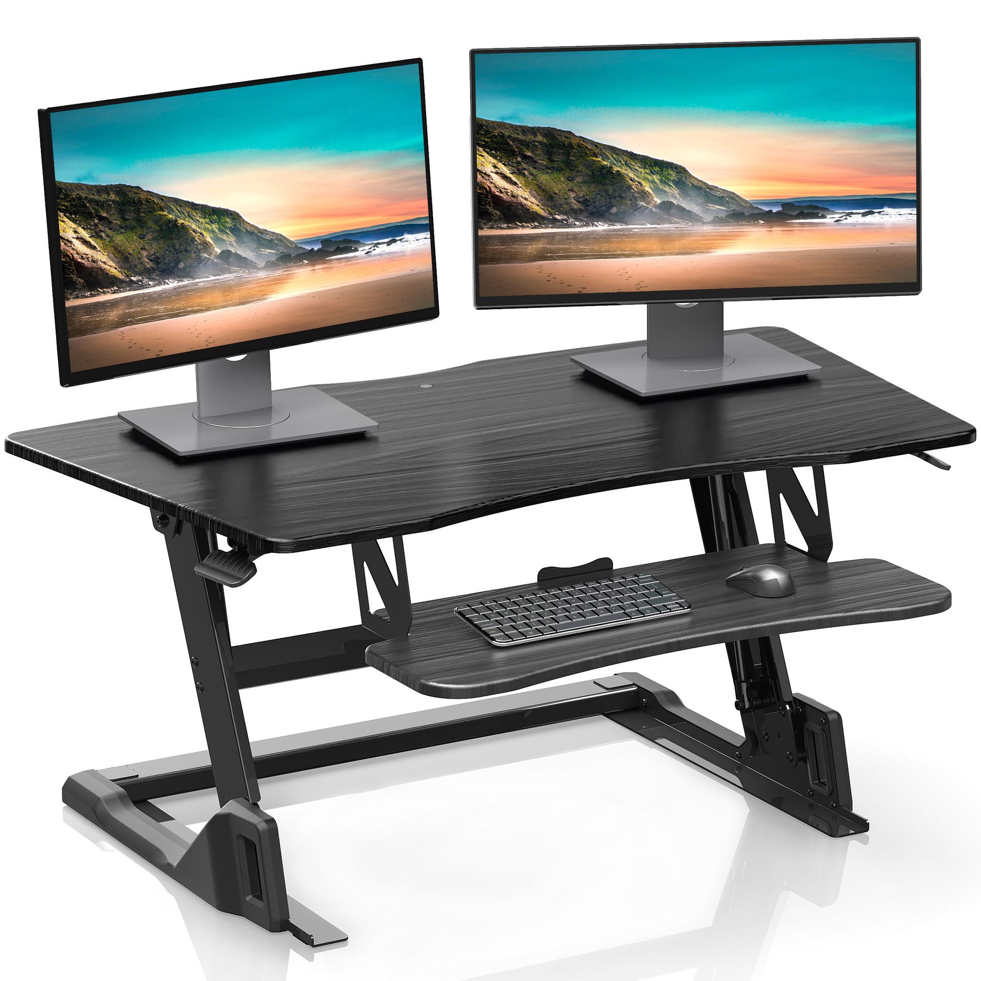 Fenge Stand Up Desk Converter 42 Inch Height Adjustable Standing Desk Within Walnut Adjustable Stand Up Desks (View 13 of 15)