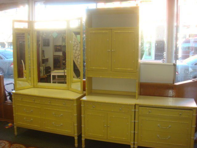 Five Piece Thomasville Yellow Bamboo Furniture: : Lot 335 In Black Wash And Light Cane 3 Drawer Desks (View 4 of 15)