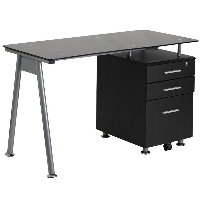 Flash Furniture 3 Drawer Glass Top Home Office Desk In Black – Nan Wk Within Black Glass And Dark Gray Wood Office Desks (View 12 of 15)