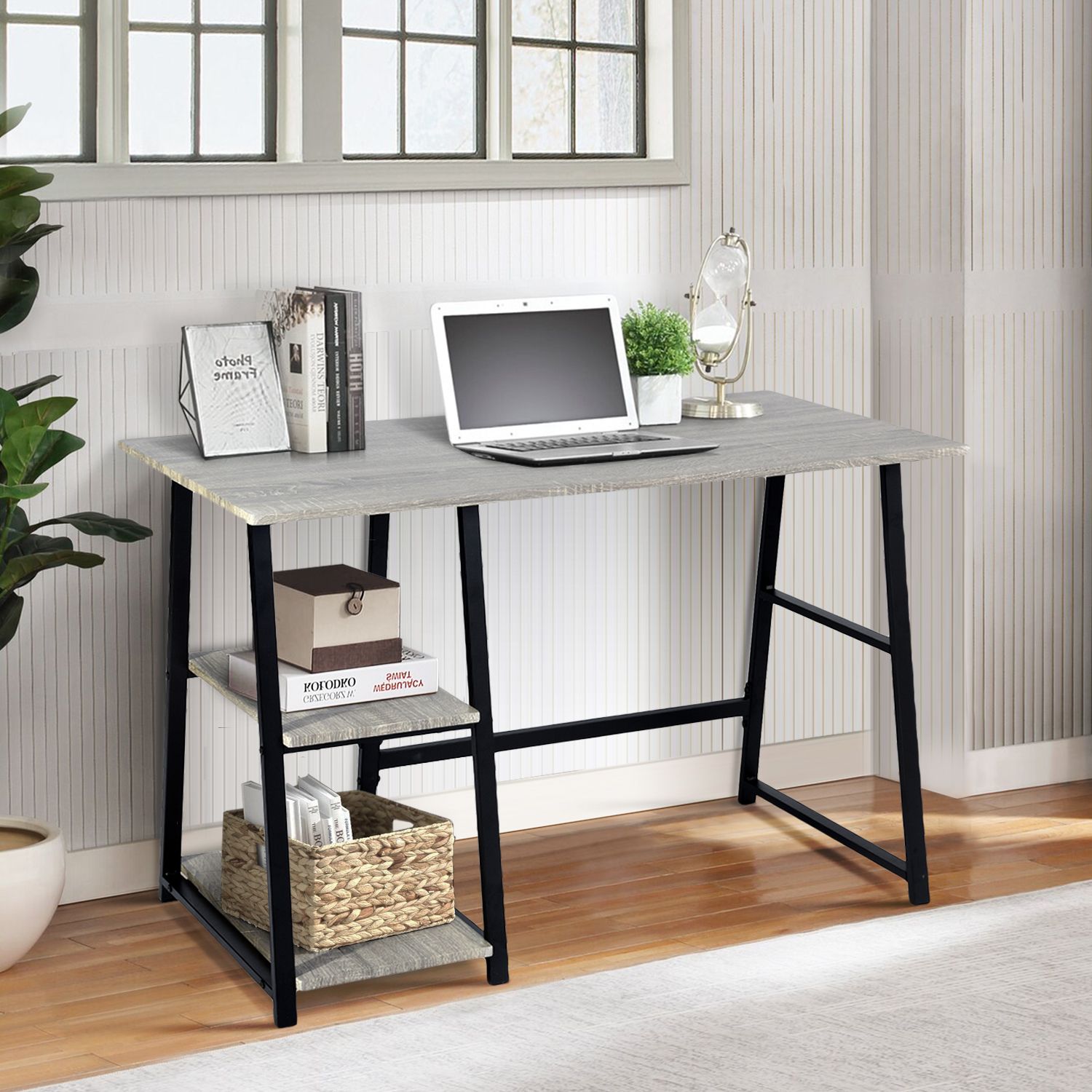 Furniturer Modern Computer Writing Desk With 2 Storage Shelves, Grey In Black And Gray Oval Writing Desks (View 6 of 15)