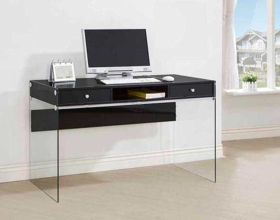 Glossy Black Modern Desk With Glass Legs Co 830 | Desks Pertaining To Black Glass And Dark Gray Wood Office Desks (View 9 of 15)