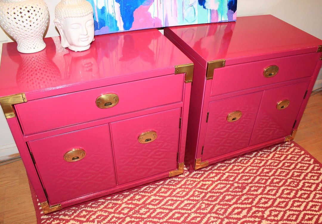 Glossy Hot Pink Fuchsia Lacquered Campaign Chests Or Bedside Tables Hot Pertaining To Pink Lacquer 2 Drawer Desks (View 14 of 15)