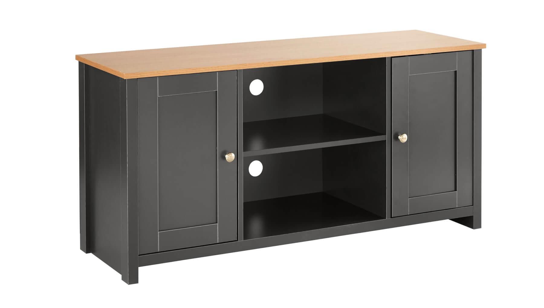 Graphite Oak Tv Stand Two Tone 2 Door Television Unit Open Shelf Cable Intended For Graphite 2 Drawer Compact Desks (View 4 of 15)