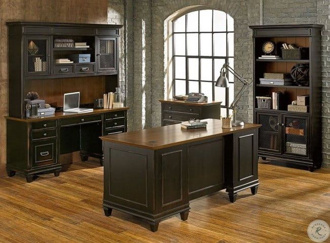 Hartford Distressed Black Double Pedestal Desk From Martin Furniture Within Black And Cinnamon Office Desks (View 9 of 15)