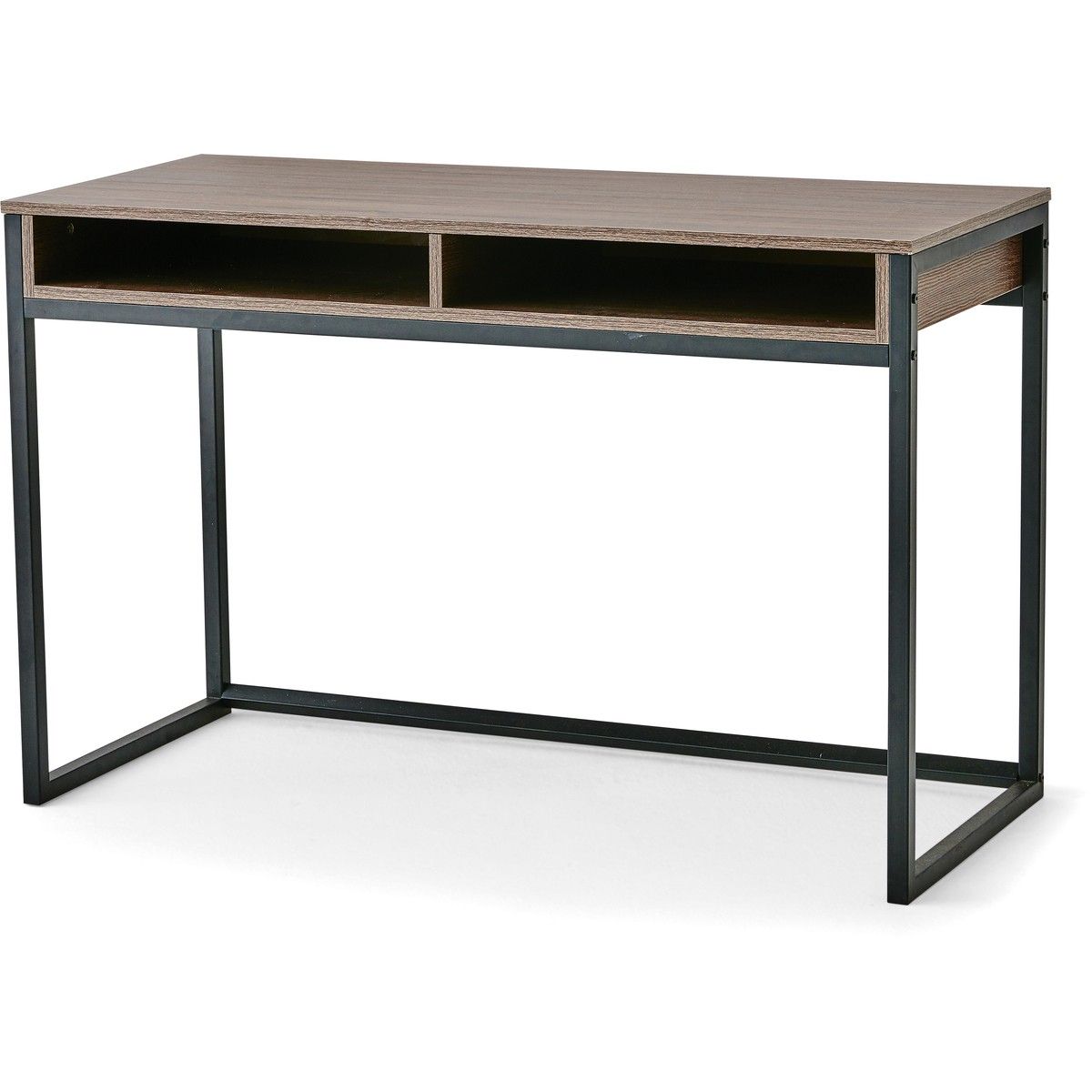 Harvey Dark Brown Oak Desk With Metal Frame | Big W With Large Frosted Glass Aluminum Desks (View 7 of 15)