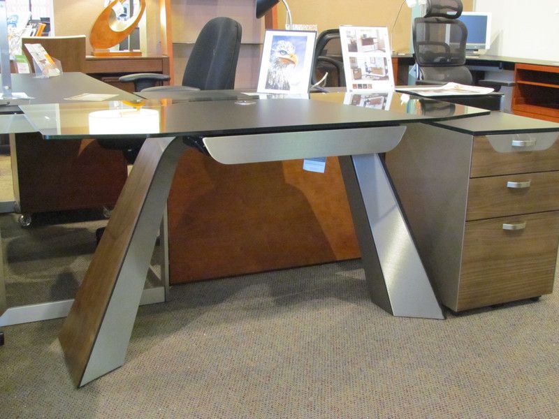 Haven Laptop Desk And File In Natural Walnut, Brushed Steel And Glass Inside Glass Walnut Wood And Black Metal Office Desks (View 3 of 15)
