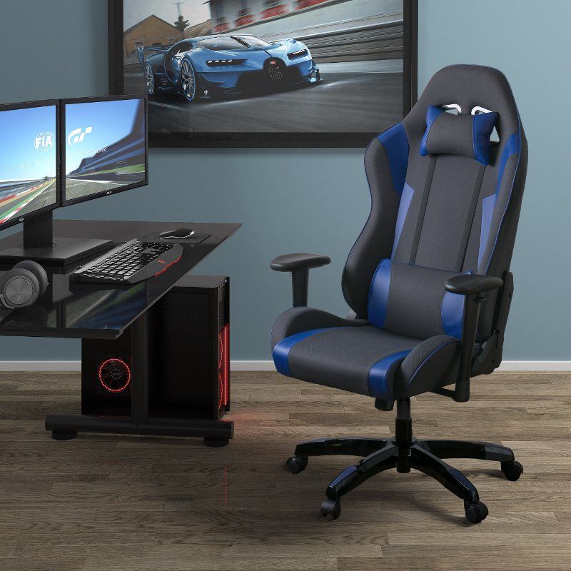 High Back Ergonomic Gray And Blue Gaming Desk Chair – Workspace | Rc In Gaming Desks With Built In Outlets (View 14 of 15)