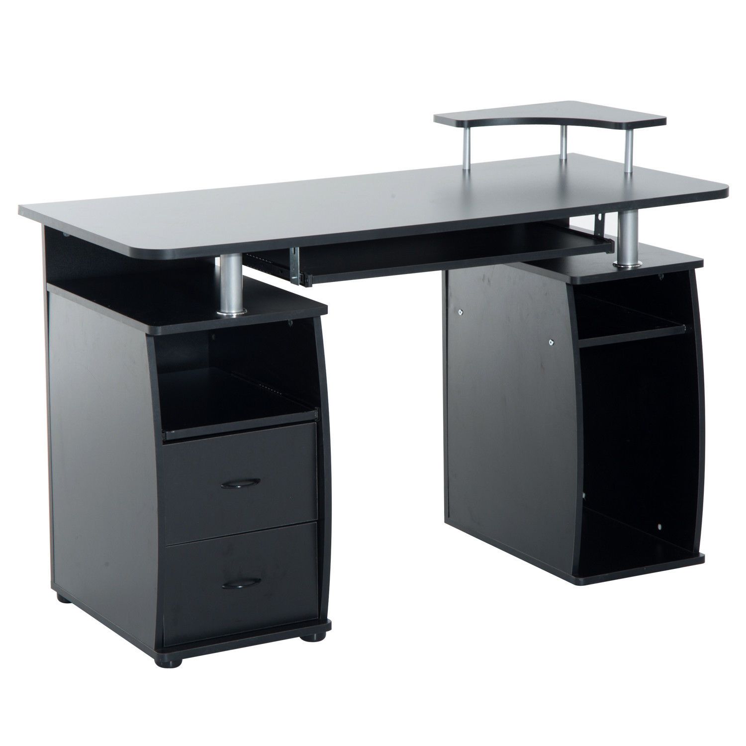 Homcom Black Computer Table 2 Drawers Wooden Office Pc Table Desk With Regard To Matte Black Corner Desks With Keyboard Shelf (View 13 of 15)