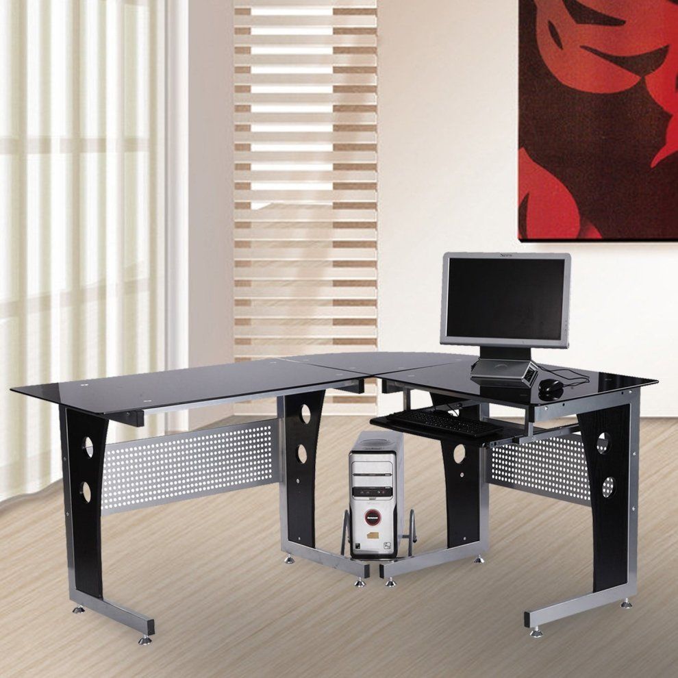 Homcom Black Glass Reversible Office Desk | Corner Computer Desk On Onbuy Throughout Black Glass And Natural Wood Office Desks (View 6 of 15)
