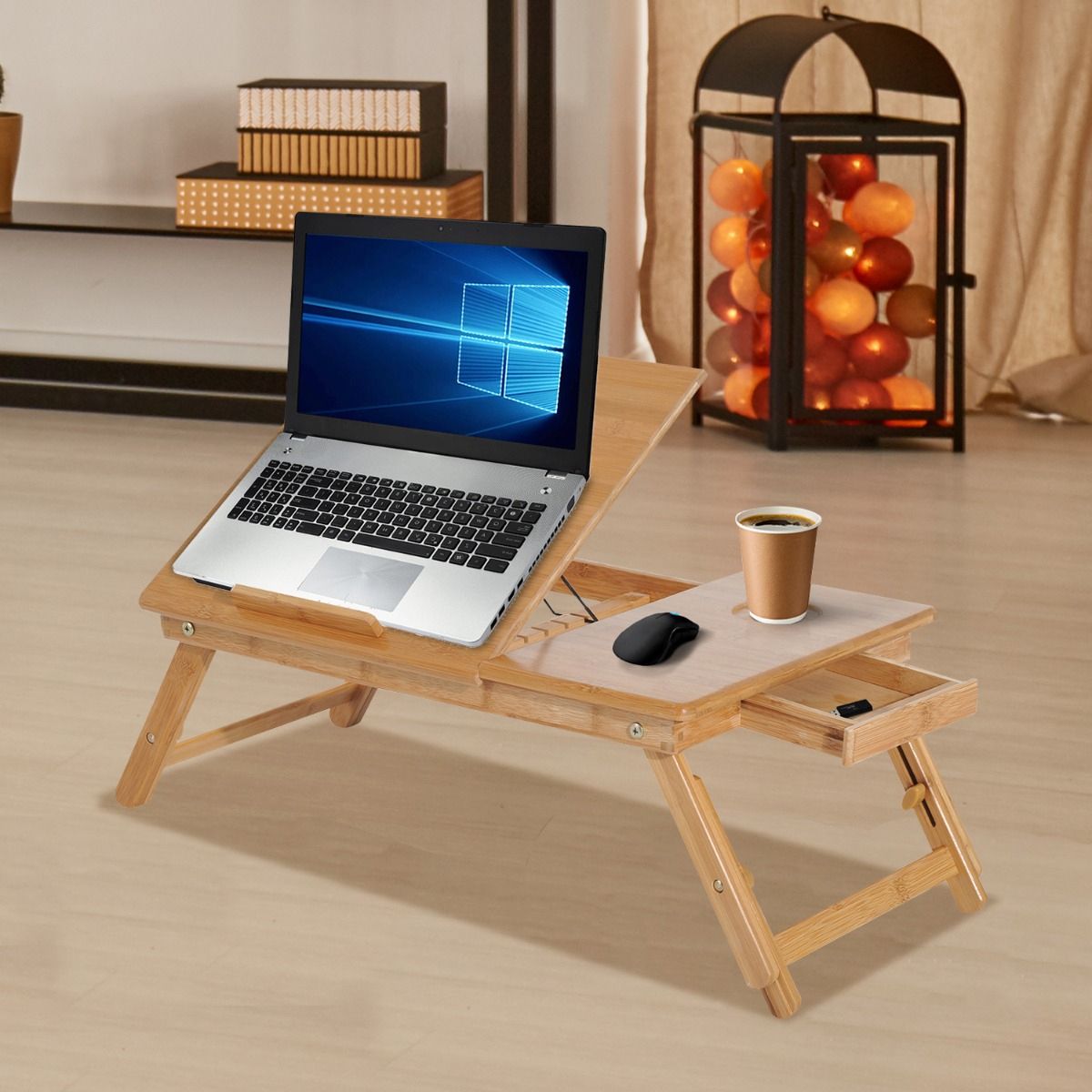 Homcom Portable Desk Foldable Bamboo Wood Laptop Stand Notebook Desk Throughout Cherry Adjustable Laptop Desks (View 9 of 15)