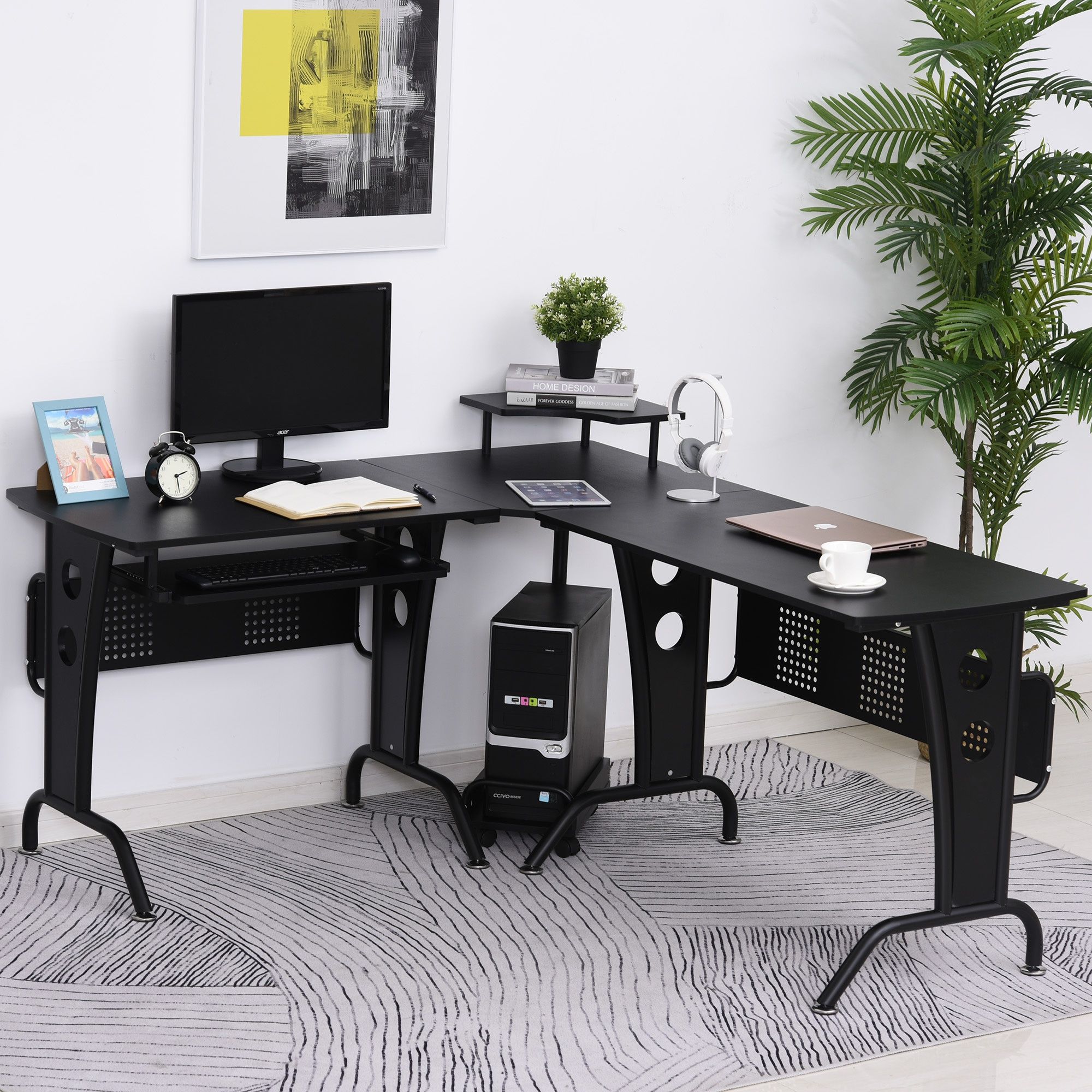 Homcom Steel Mdf Top L Shaped Corner Desk W/ Keyboard Tray Black Throughout Natural Wood And White Metal Office Desks (View 4 of 15)