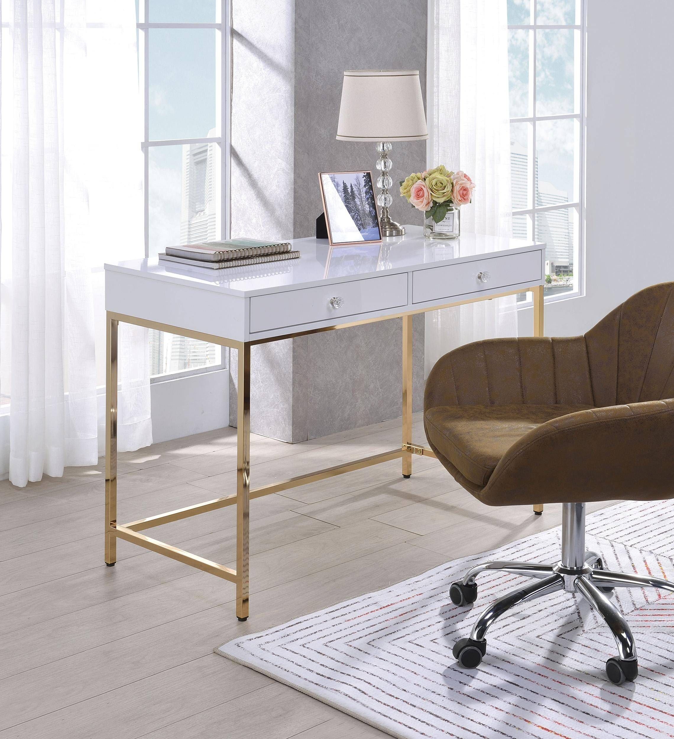 Home Office Secretary Desk Ottey White & Brass 92540 Acme Contemporary For White Modern Nested Office Desks (Photo 2 of 15)
