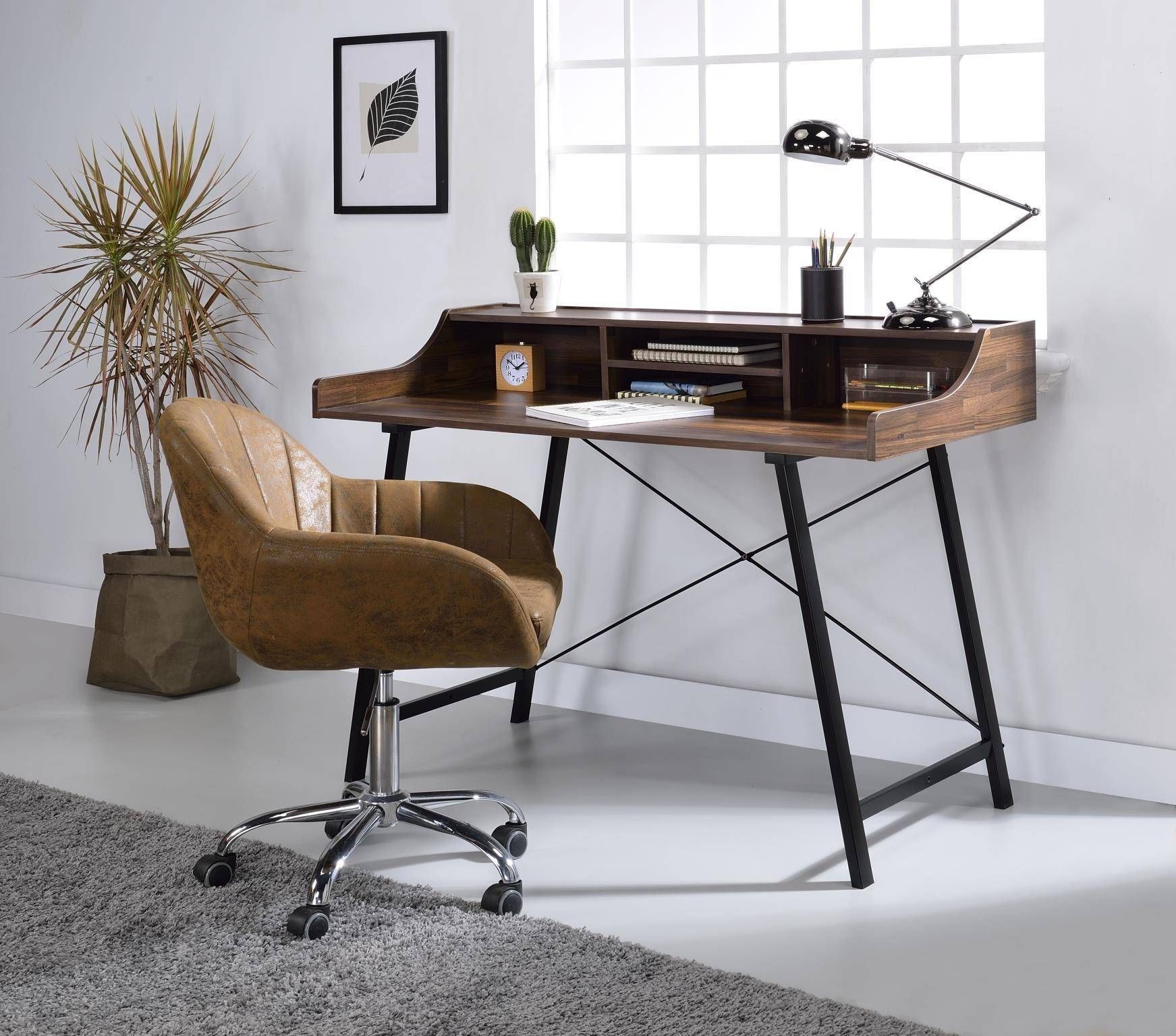 Home Office Writing Desk Walnut & Black Sange 92680 Acme Contemporary Within Modern Office Writing Desks (View 3 of 15)