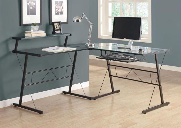 I 7172 – Black Metal L Shaped Computer Desk With Tempered Glass Inside Metal And Glass Work Station Desks (View 12 of 15)