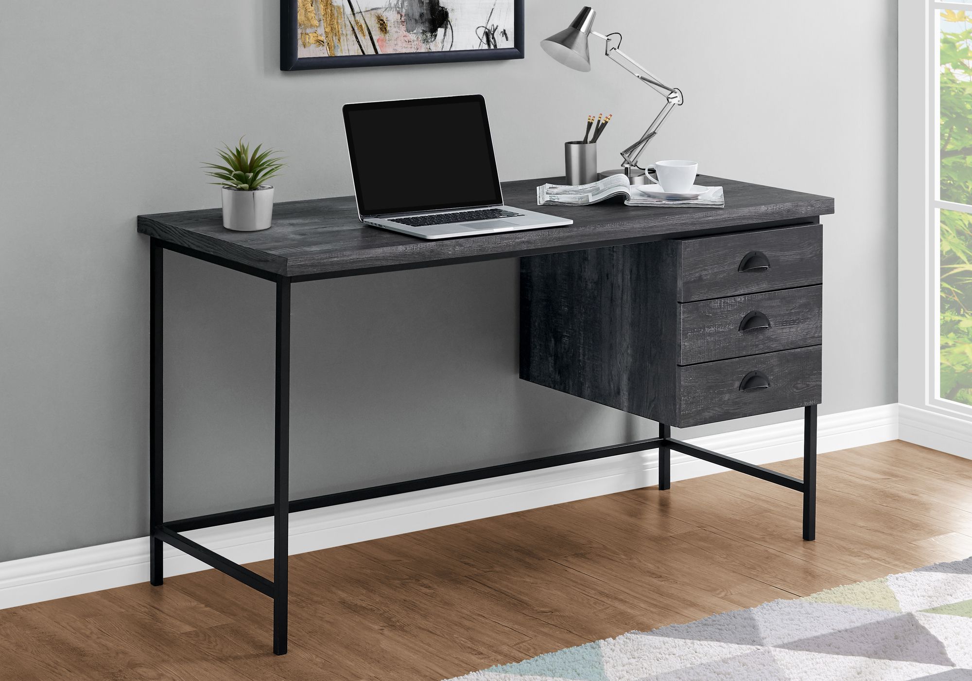 I 7488 – Computer Desk – 55"l / Black Reclaimed Wood / Black Metal Throughout Natural Wood And White Metal Office Desks (View 7 of 15)