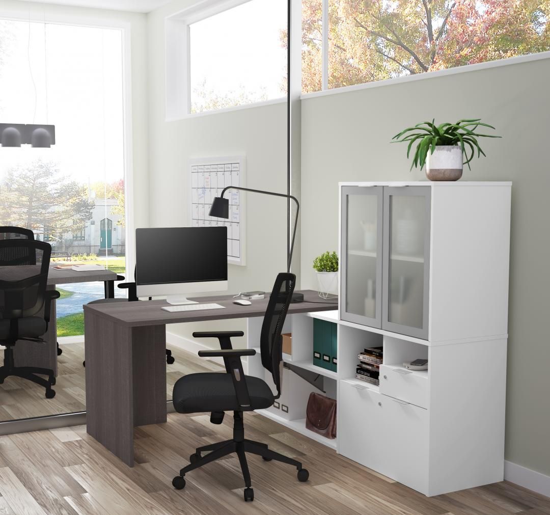I3 Plus L Shaped Desk With Frosted Glass Doors Hutch | Bestar Within Aluminum And Frosted Glass Desks (View 6 of 15)