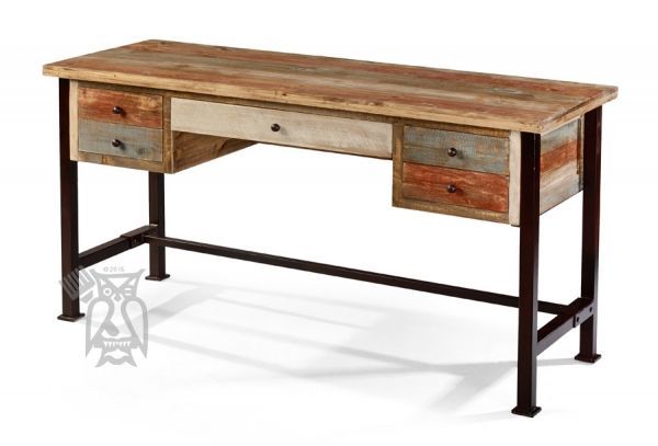 Ifd|pine Rustic Wood 5 Drawer Writing Desk|metal Legs | Rustic Writing Within Rustic Acacia Wooden Writing Desks (View 5 of 15)