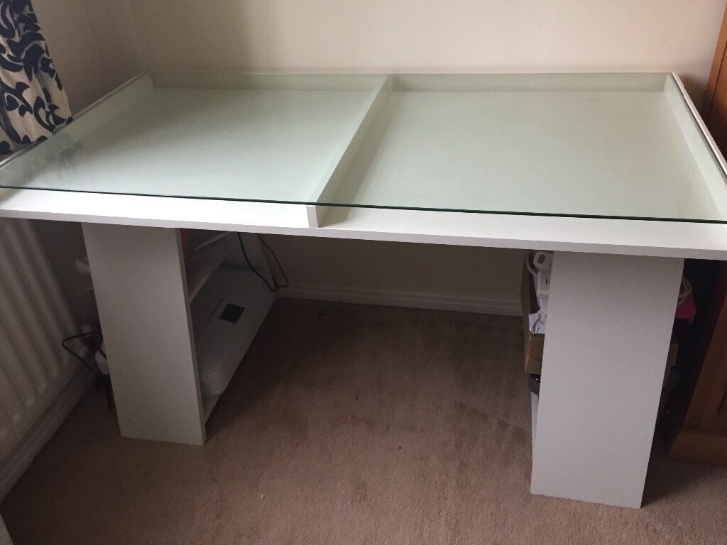 Ikea Vika Fagerlid White Desk With Glass Top And Storage Shelves | In Pertaining To White Finish Glass Top Desks (View 14 of 15)