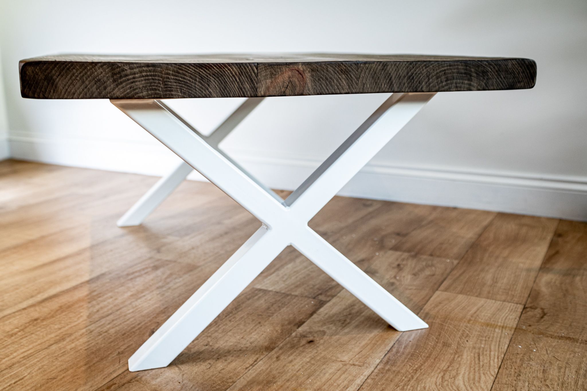 Industrial Coffee Table With White Metal Legs X Frame And Reclaimed Intended For Espresso Wood And Black Metal Desks (View 14 of 15)