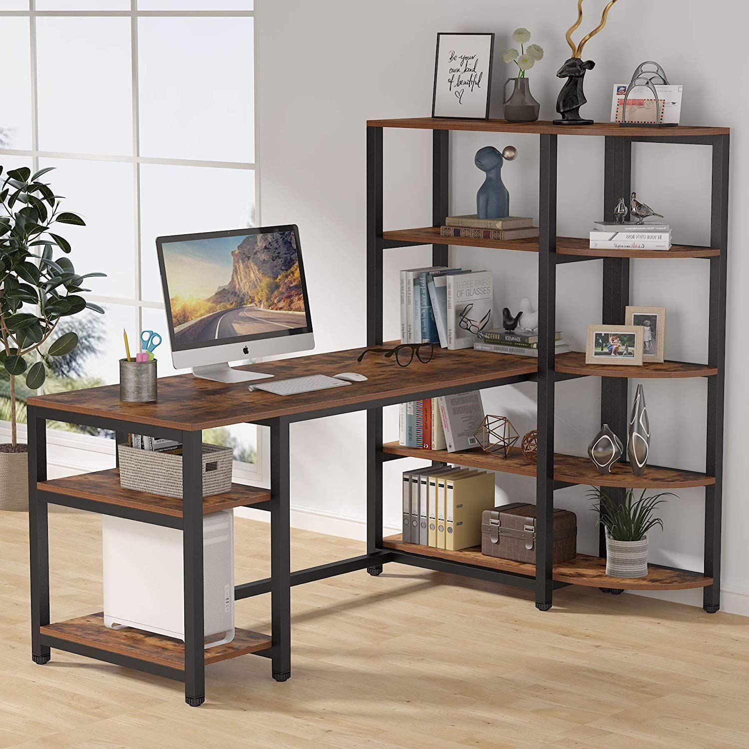 Industrial Computer Desk With 5 Tier Storage Shelves, 67 Inch Large Regarding Executive Desks With Dual Storage (Photo 10 of 15)