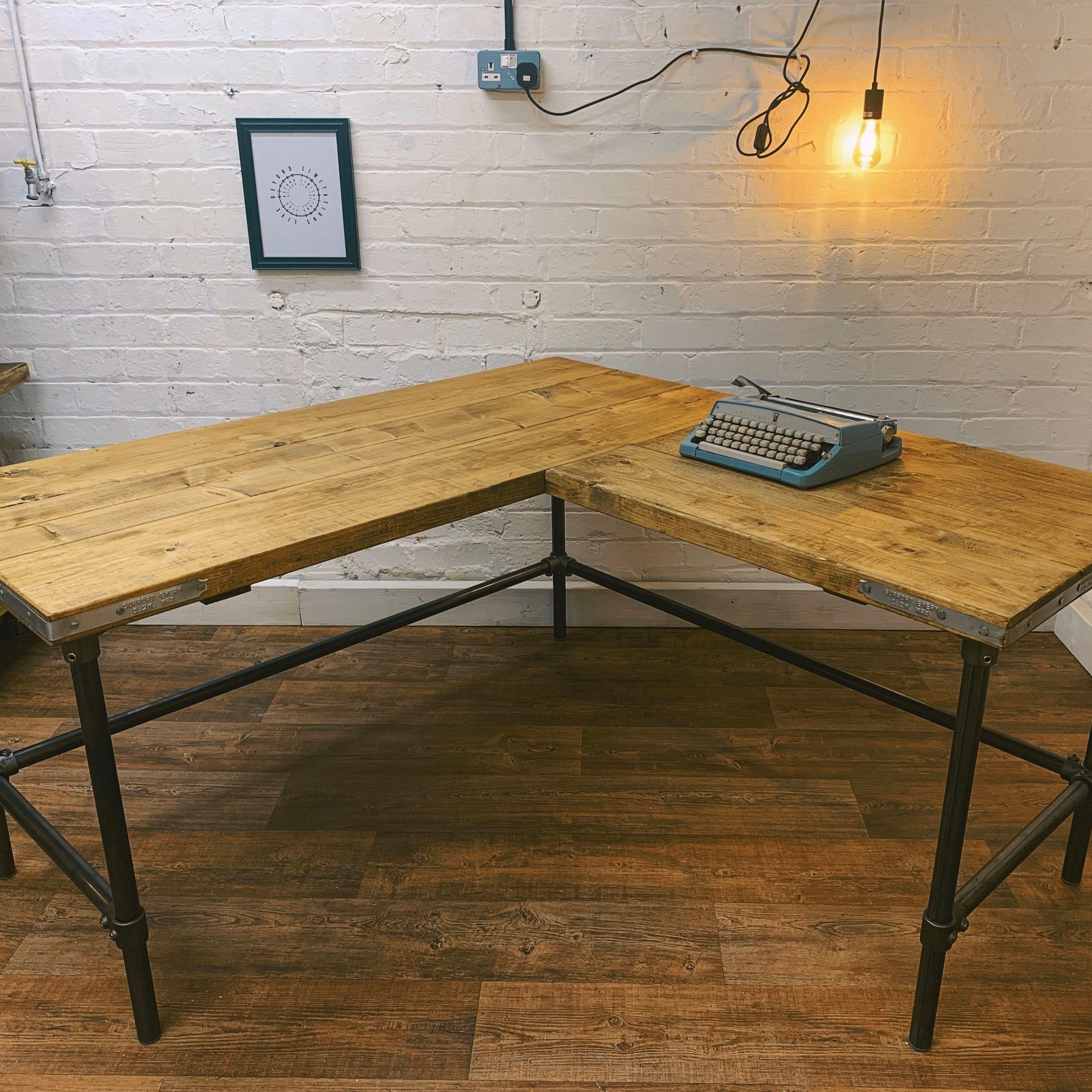 Industrial Scaffold Board Corner Desk On Steel Pipe Legs | Rustic With Rustic Brown Corner Desks (View 8 of 15)