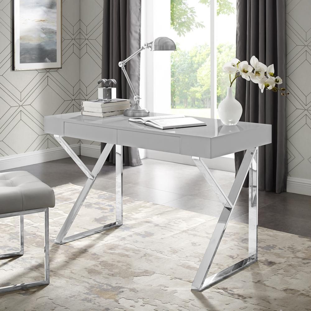 Inspired Home Biaochi Light Grey/chrome Desk With 2 Drawers Dk151 09lg With White Wood Modern Writing Desks (Photo 13 of 15)