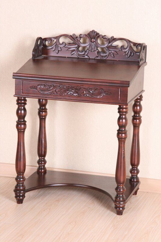 International Caravan Windsor Hand Carved Small Wood Writing Desk Pertaining To Hand Rubbed Wood Office Writing Desks (View 8 of 15)