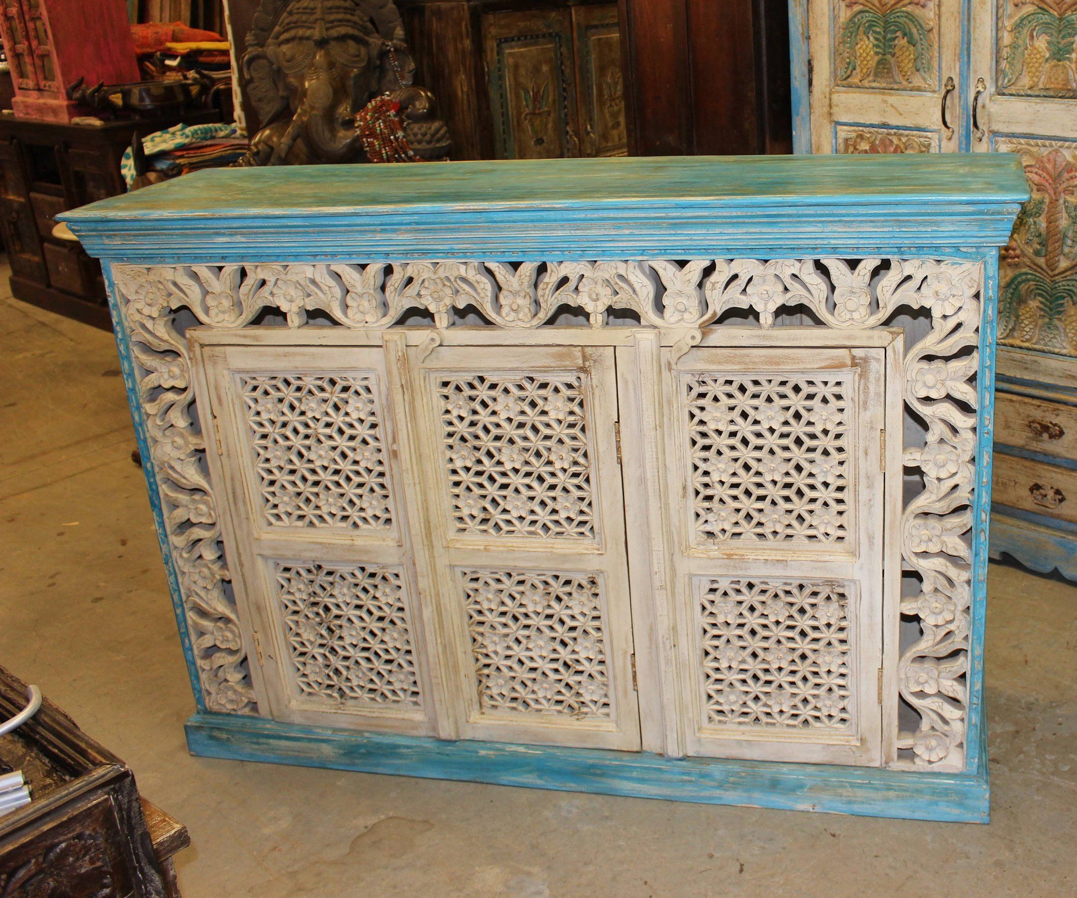 Ivory Blue Intricate Carved Vintage Sideboard Beautiful Floral Carving Intended For Antique Ivory Wood Desks (View 3 of 15)