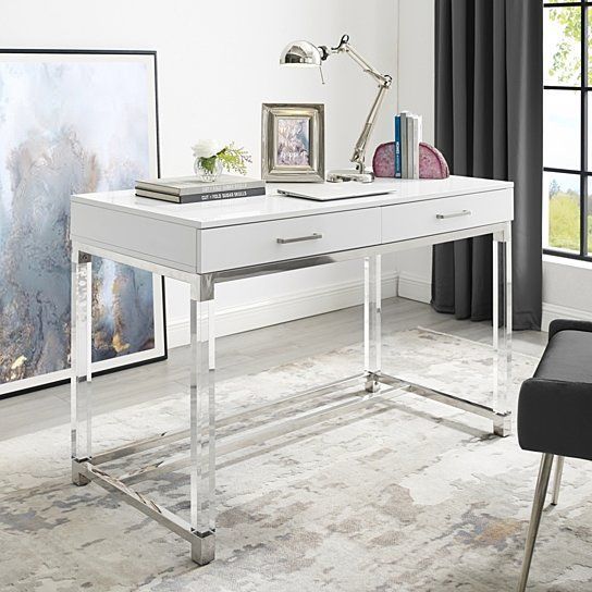Jerome Writing Desk – High Gloss | Acrylic Legs | Metal Base | Modern With White Wood Modern Writing Desks (View 11 of 15)