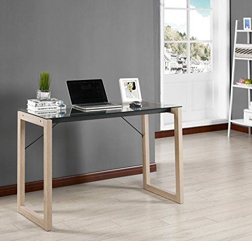Kings Brand Black Tempered Glass / Natural Wood Home Office Computer With Regard To Glass Walnut Wood And Black Metal Office Desks (View 8 of 15)
